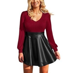 Black Faux Leather A Line Skater Skirt Pleated Mini Size L